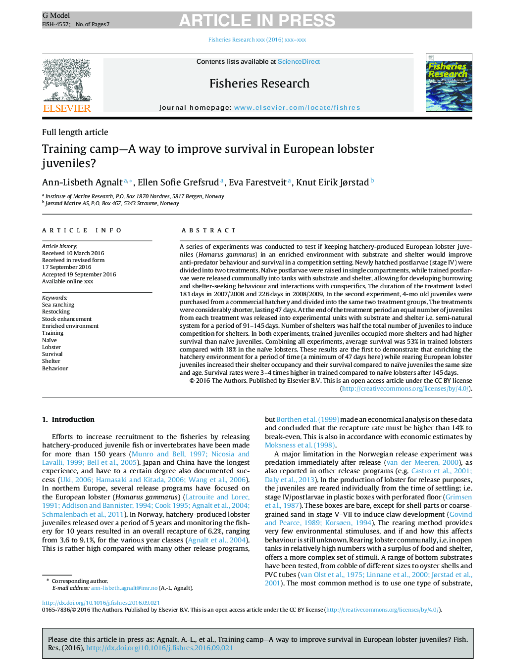 Training camp-A way to improve survival in European lobster juveniles?