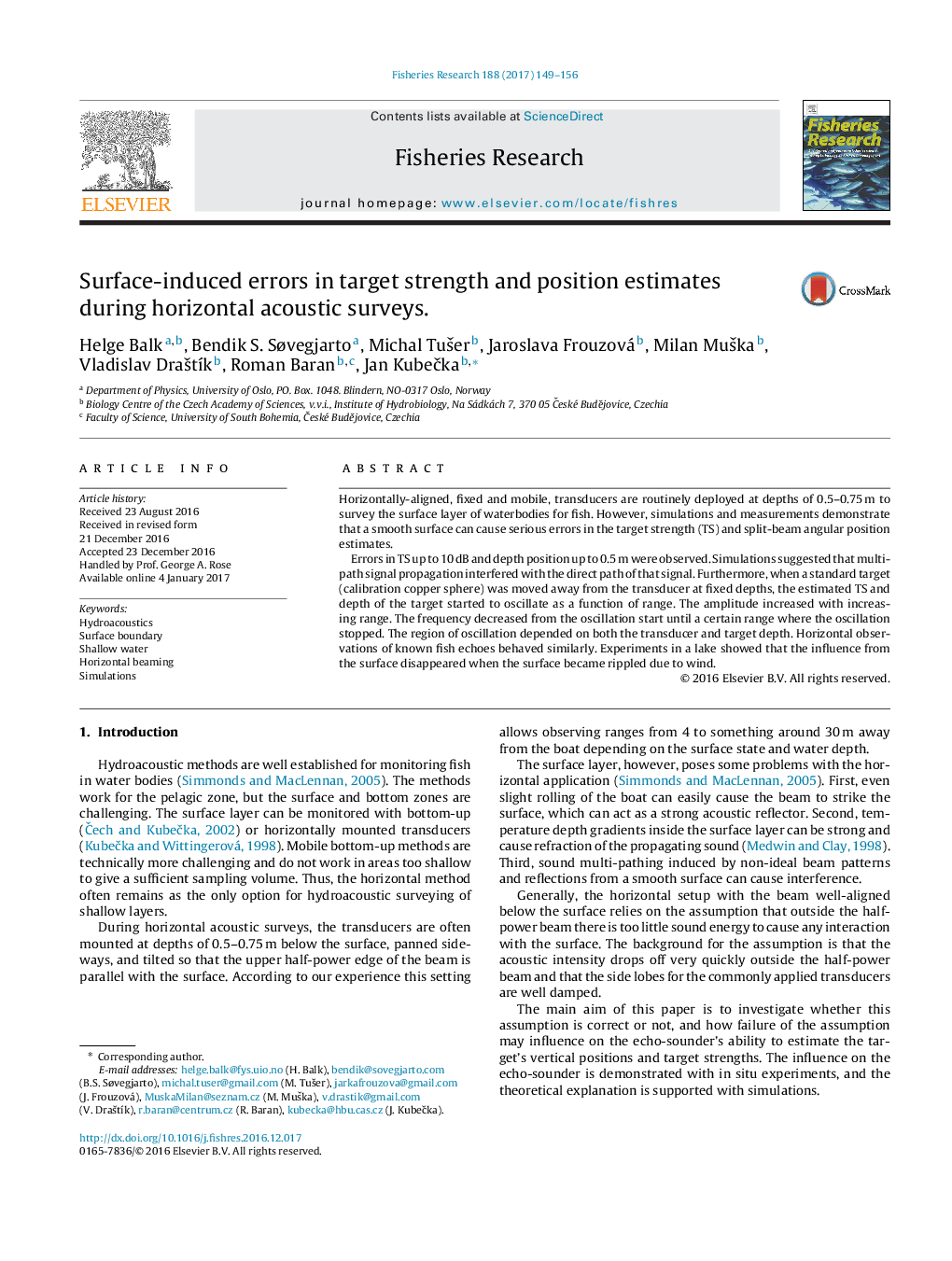 Surface-induced errors in target strength and position estimates during horizontal acoustic surveys.