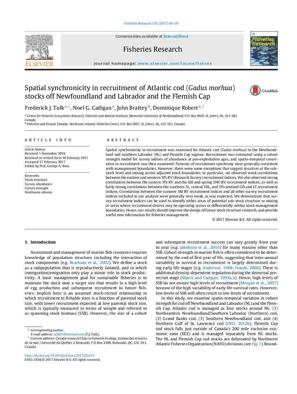 Spatial synchronicity in recruitment of Atlantic cod (Gadus morhua) stocks off Newfoundland and Labrador and the Flemish Cap