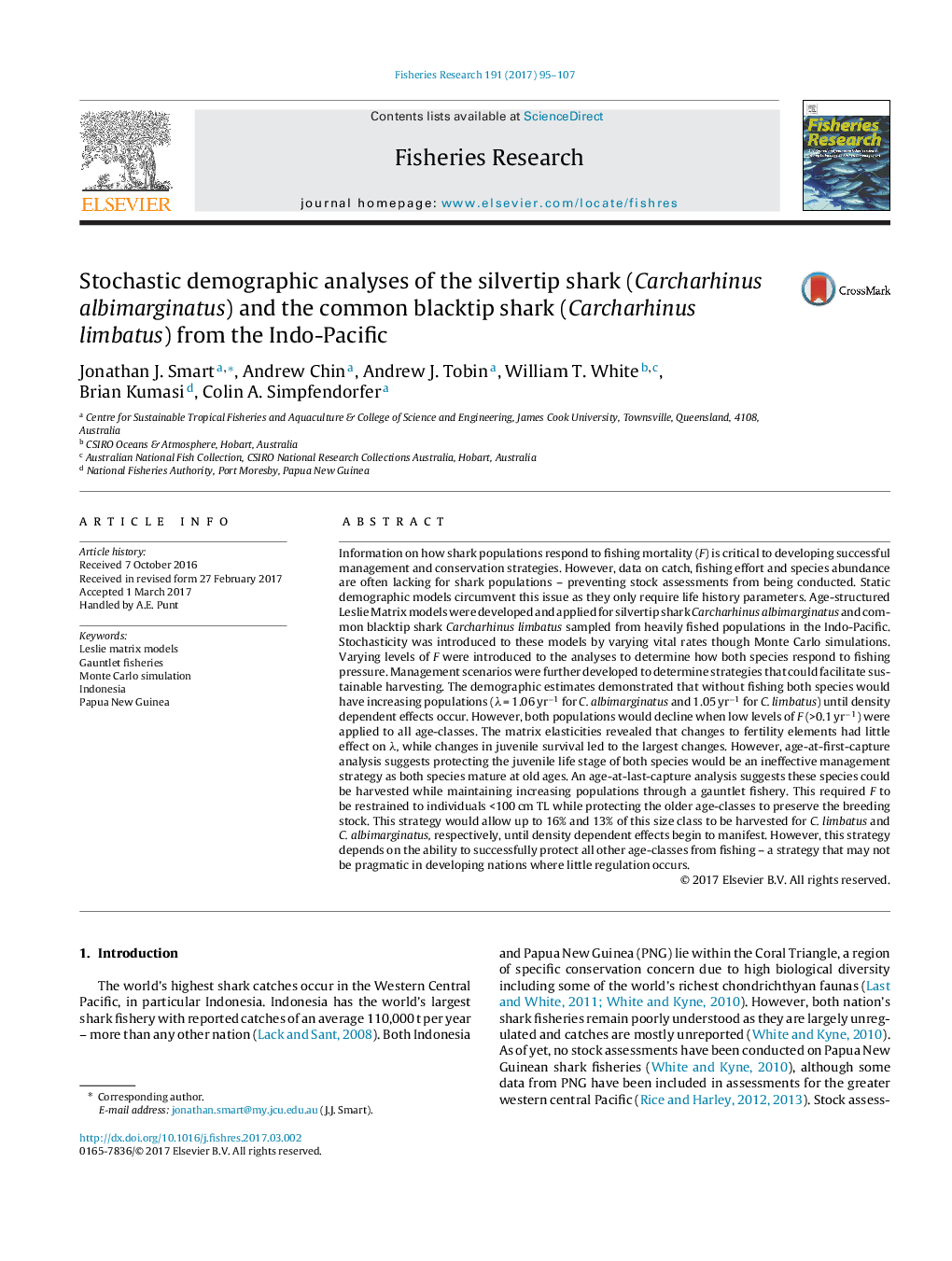 Stochastic demographic analyses of the silvertip shark (Carcharhinus albimarginatus) and the common blacktip shark (Carcharhinus limbatus) from the Indo-Pacific