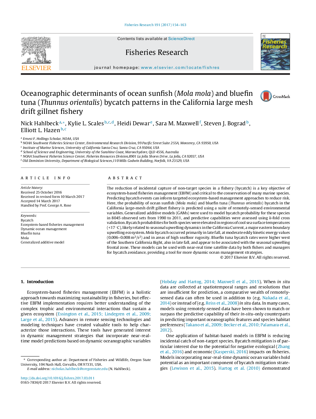 Oceanographic determinants of ocean sunfish (Mola mola) and bluefin tuna (Thunnus orientalis) bycatch patterns in the California large mesh drift gillnet fishery