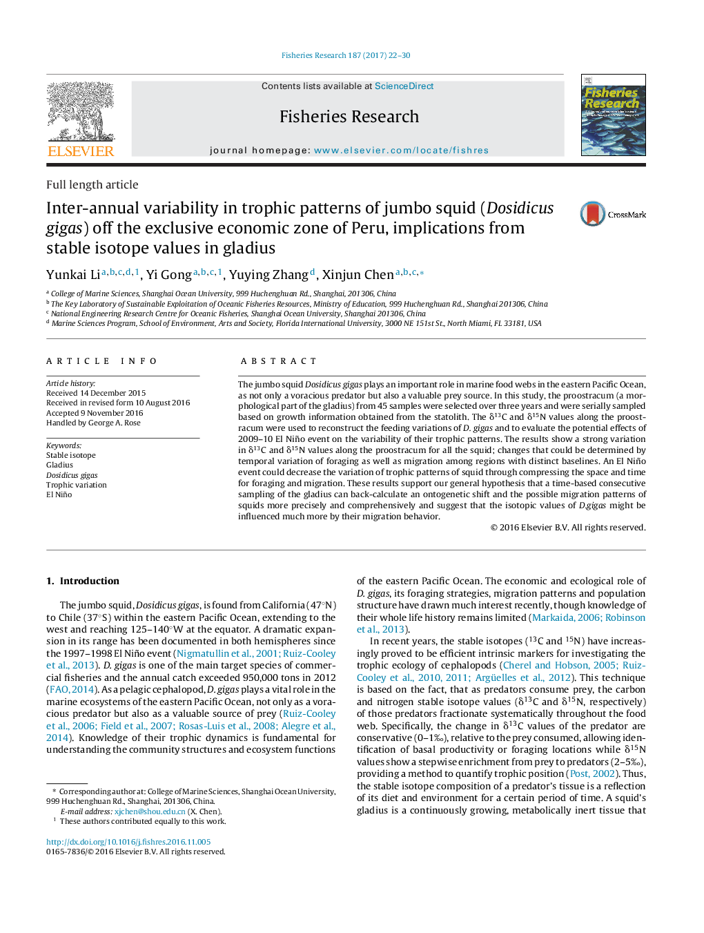 Inter-annual variability in trophic patterns of jumbo squid (Dosidicus gigas) off the exclusive economic zone of Peru, implications from stable isotope values in gladius