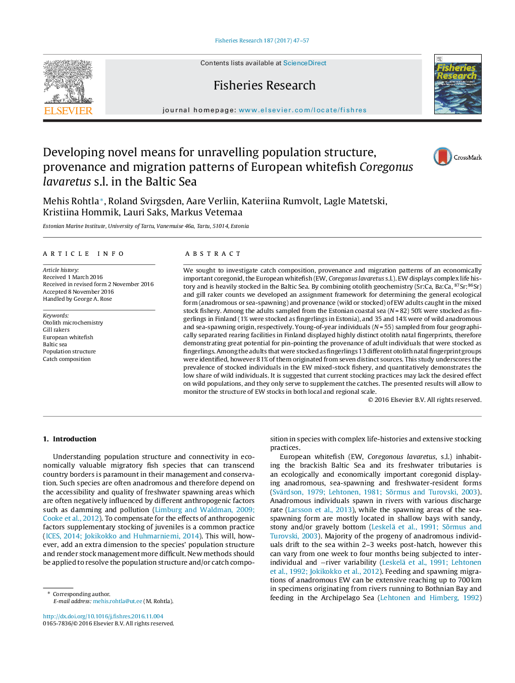 Developing novel means for unravelling population structure, provenance and migration patterns of European whitefish Coregonus lavaretus s.l. in the Baltic Sea