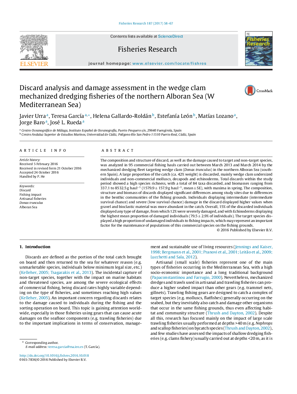 Discard analysis and damage assessment in the wedge clam mechanized dredging fisheries of the northern Alboran Sea (W Mediterranean Sea)