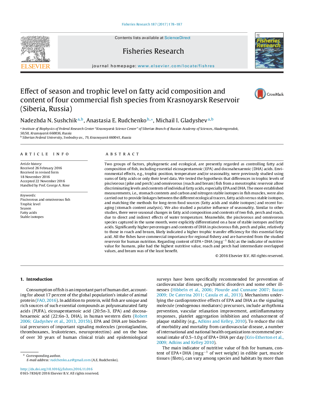 اثر فصل و سطح طوفیک بر ترکیب اسید چرب و محتوی چهار گونه ماهی تجاری از مخزن کراسنویارسک (سیبریا، روسیه) 