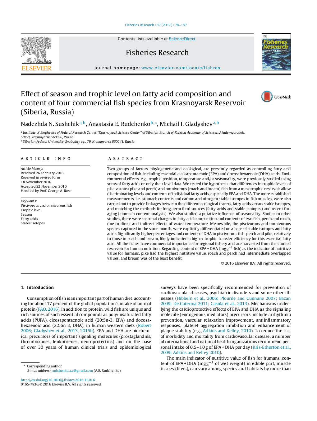 Effect of season and trophic level on fatty acid composition and content of four commercial fish species from Krasnoyarsk Reservoir (Siberia, Russia)