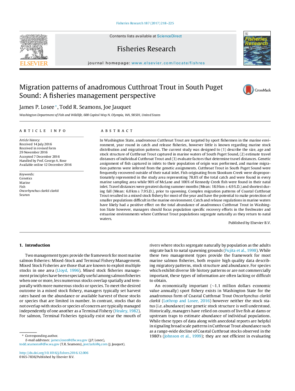 Migration patterns of anadromous Cutthroat Trout in South Puget Sound: A fisheries management perspective