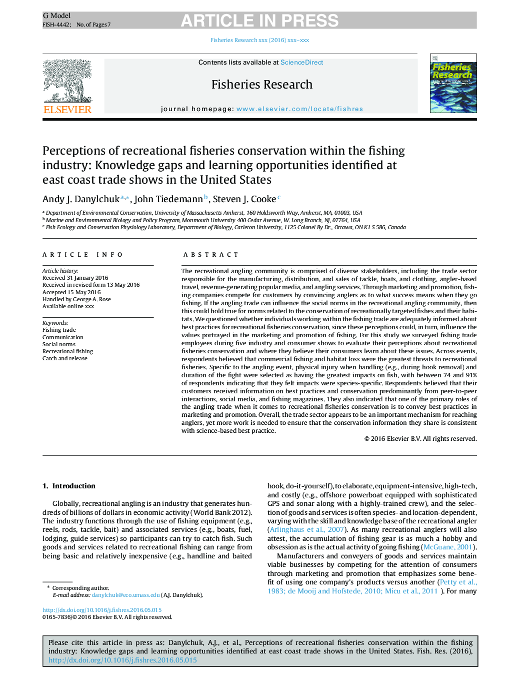 Perceptions of recreational fisheries conservation within the fishing industry: Knowledge gaps and learning opportunities identified at east coast trade shows in the United States