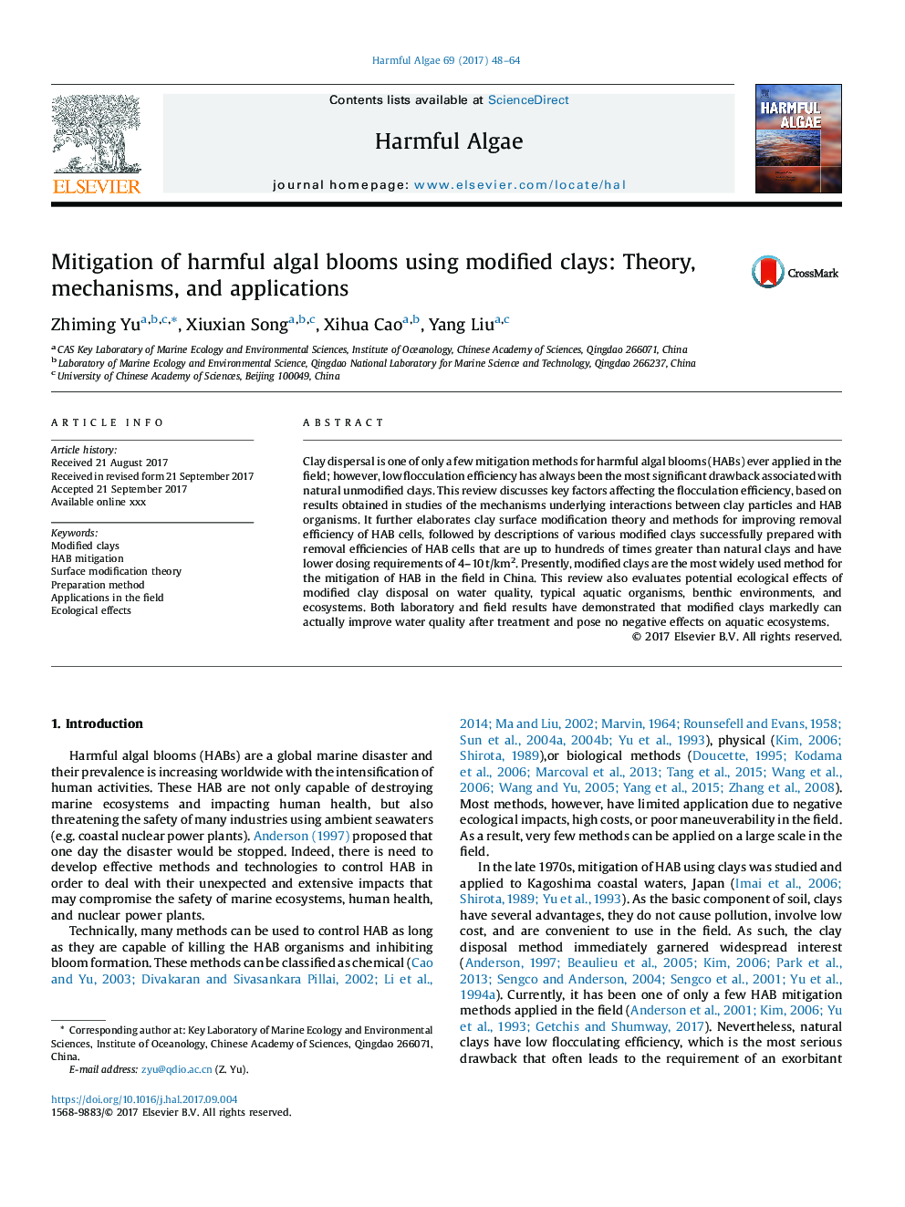 Mitigation of harmful algal blooms using modified clays: Theory, mechanisms, and applications