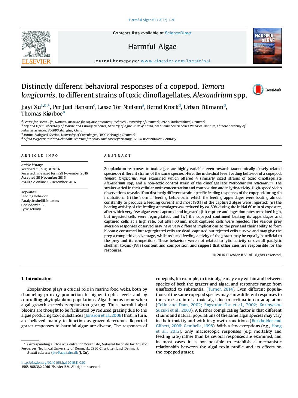 Distinctly different behavioral responses of a copepod, Temora longicornis, to different strains of toxic dinoflagellates, Alexandrium spp.