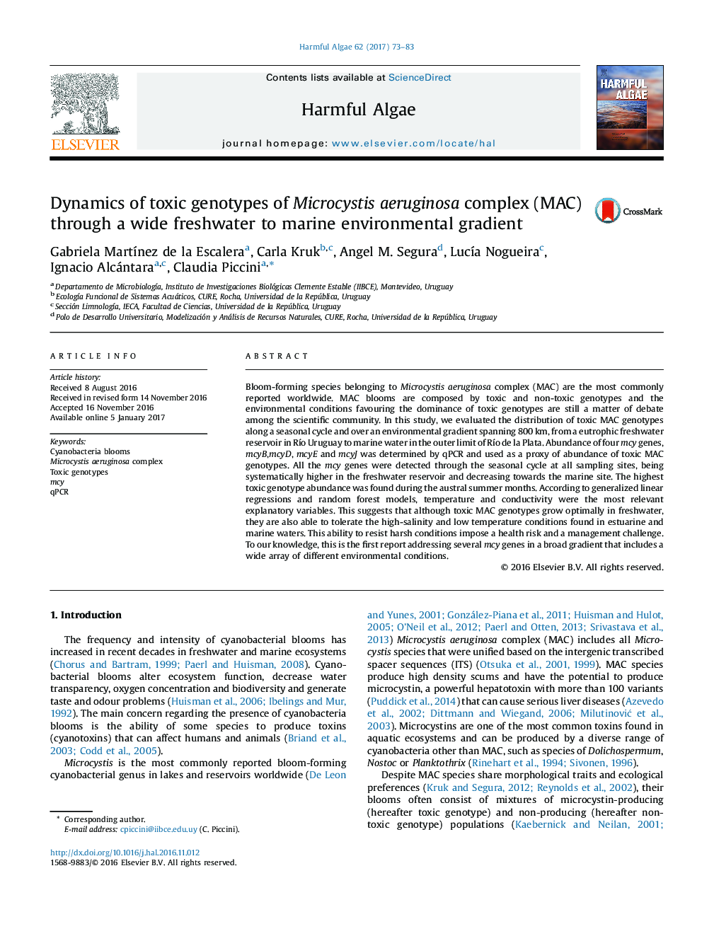 Dynamics of toxic genotypes of Microcystis aeruginosa complex (MAC) through a wide freshwater to marine environmental gradient