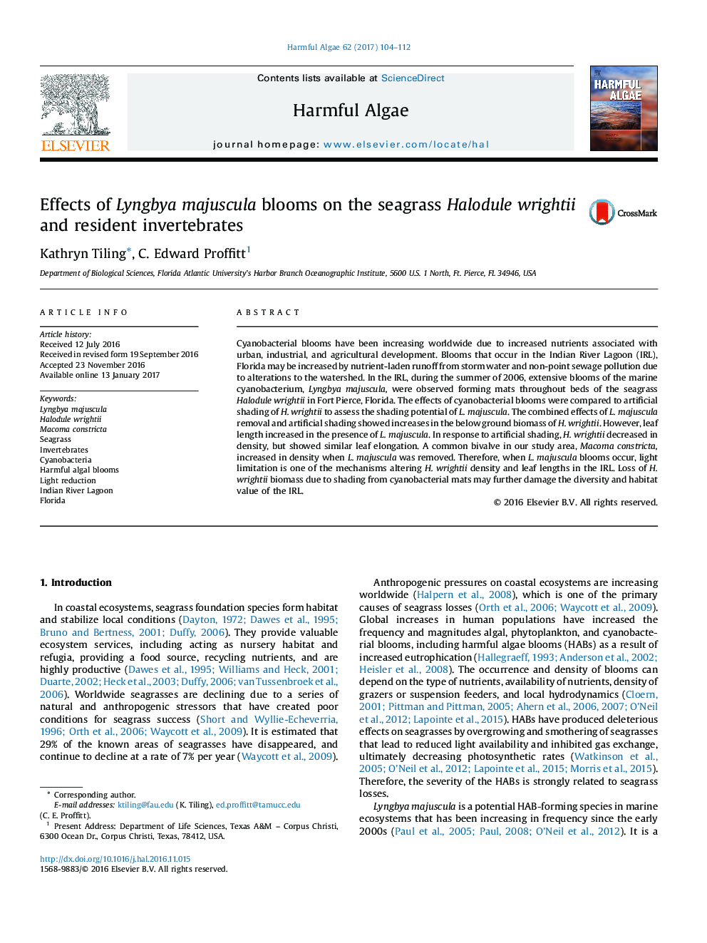 Effects of Lyngbya majuscula blooms on the seagrass Halodule wrightii and resident invertebrates