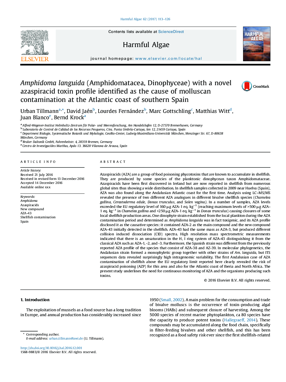 Amphidoma languida (Amphidomatacea, Dinophyceae) with a novel azaspiracid toxin profile identified as the cause of molluscan contamination at the Atlantic coast of southern Spain