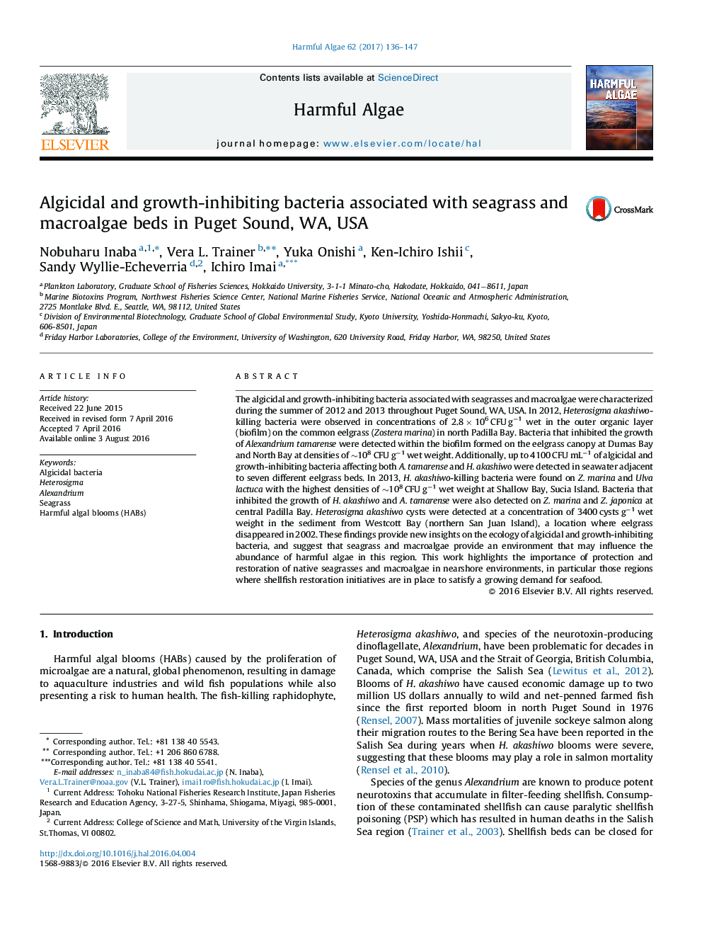 Algicidal and growth-inhibiting bacteria associated with seagrass and macroalgae beds in Puget Sound, WA, USA