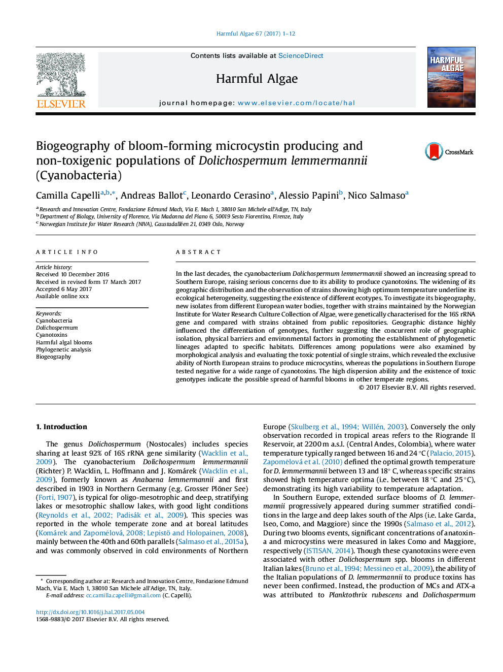 Biogeography of bloom-forming microcystin producing and non-toxigenic populations of Dolichospermum lemmermannii (Cyanobacteria)