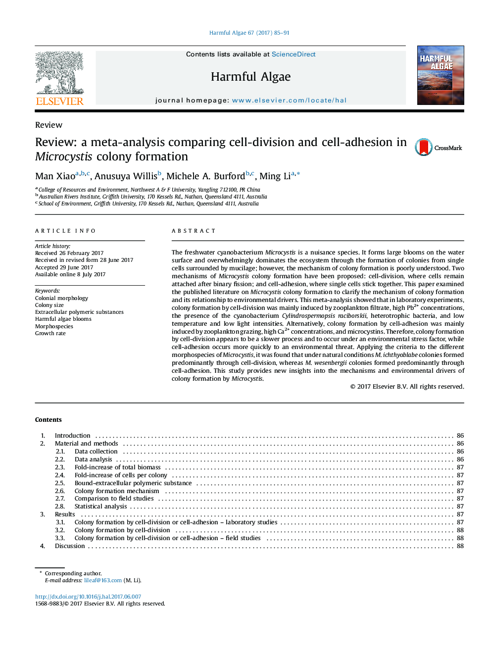 ReviewReview: a meta-analysis comparing cell-division and cell-adhesion in Microcystis colony formation