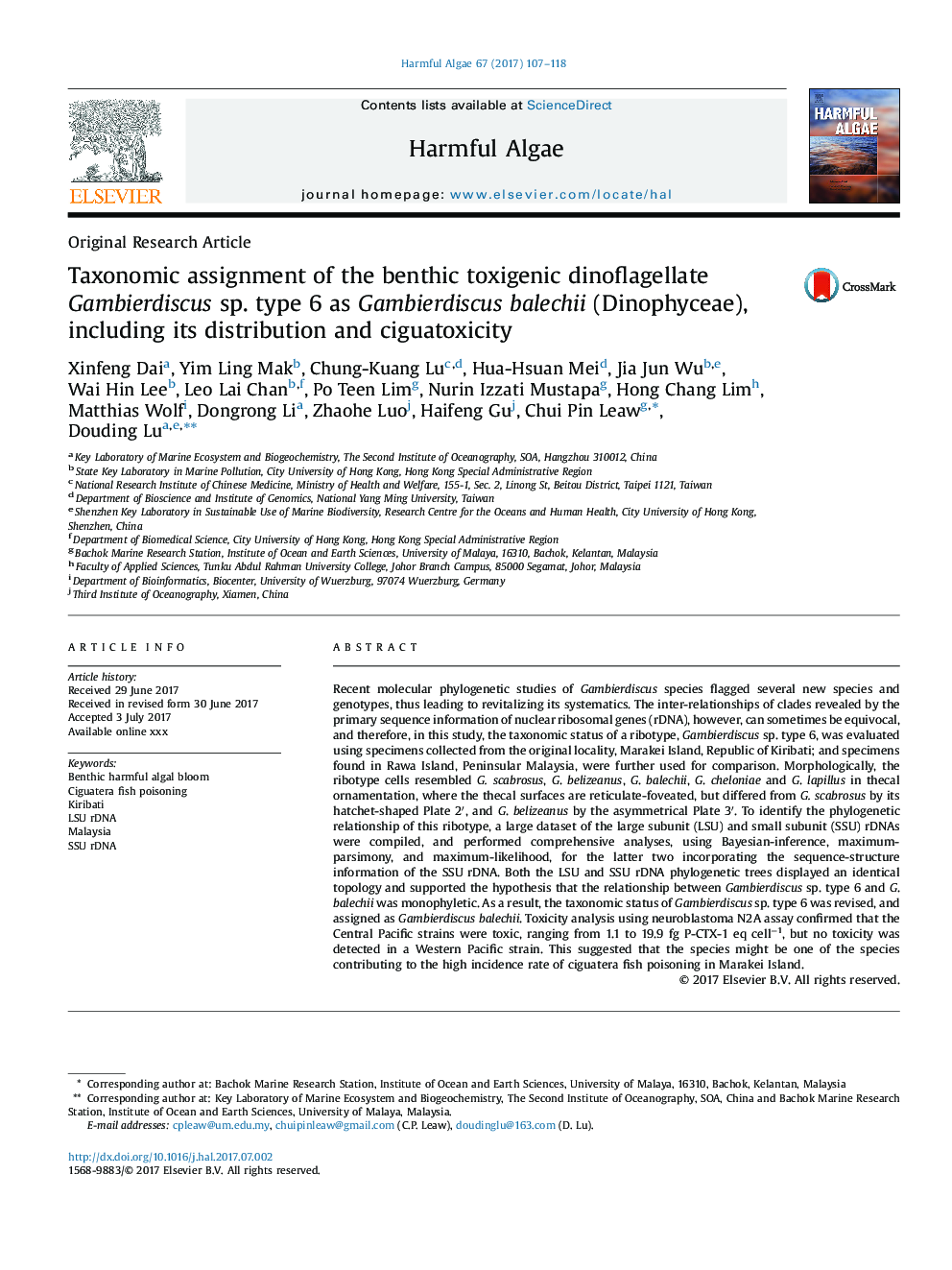 Taxonomic assignment of the benthic toxigenic dinoflagellate Gambierdiscus sp. type 6 as Gambierdiscus balechii (Dinophyceae), including its distribution and ciguatoxicity