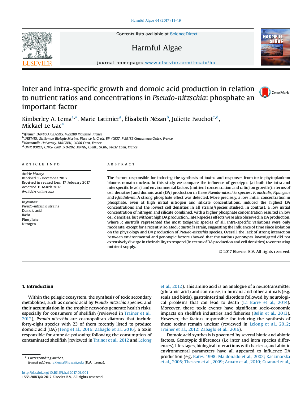 Inter and intra-specific growth and domoic acid production in relation to nutrient ratios and concentrations in Pseudo-nitzschia: phosphate an important factor