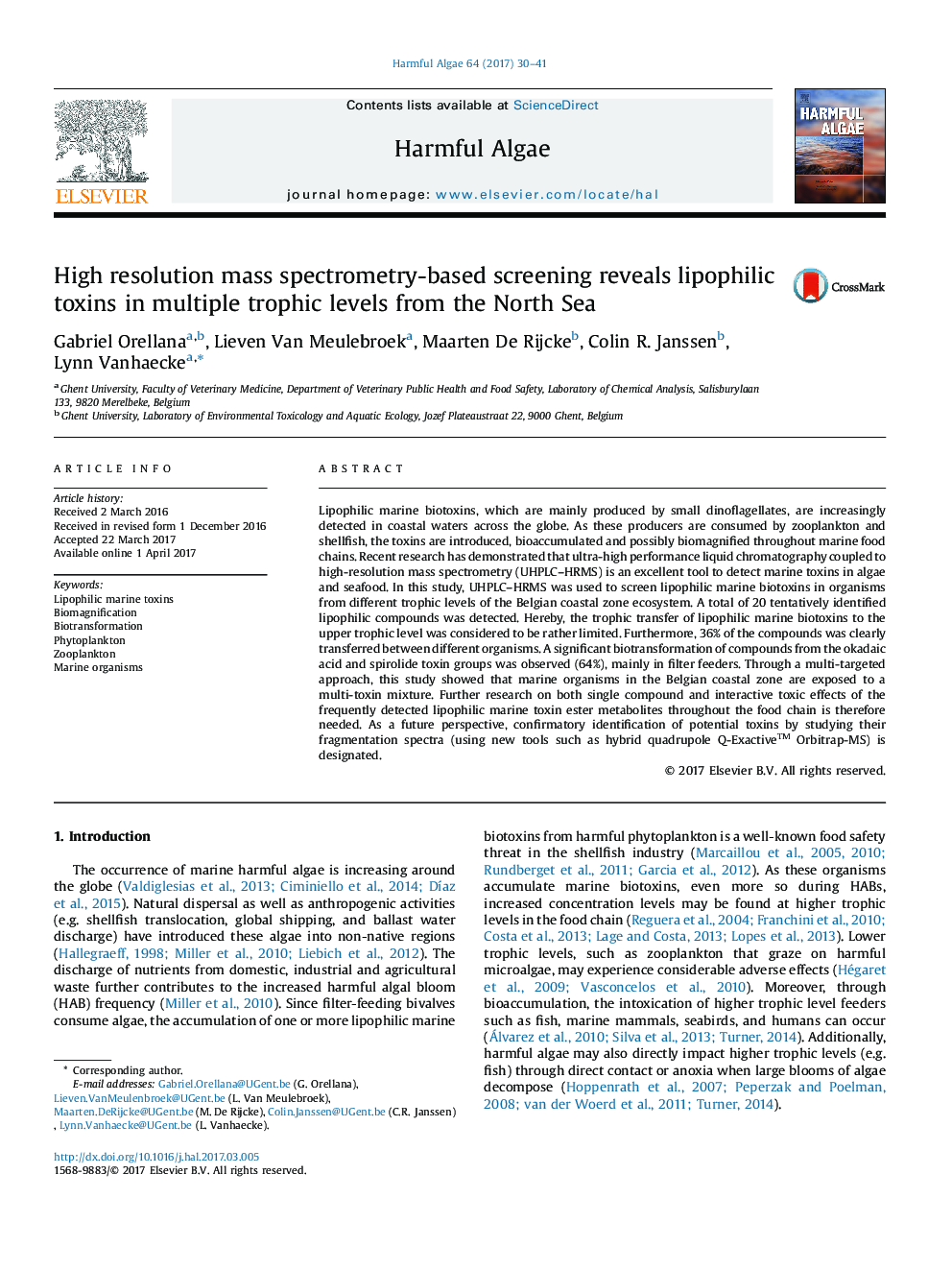 High resolution mass spectrometry-based screening reveals lipophilic toxins in multiple trophic levels from the North Sea