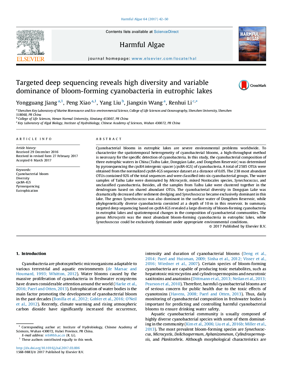 Targeted deep sequencing reveals high diversity and variable dominance of bloom-forming cyanobacteria in eutrophic lakes