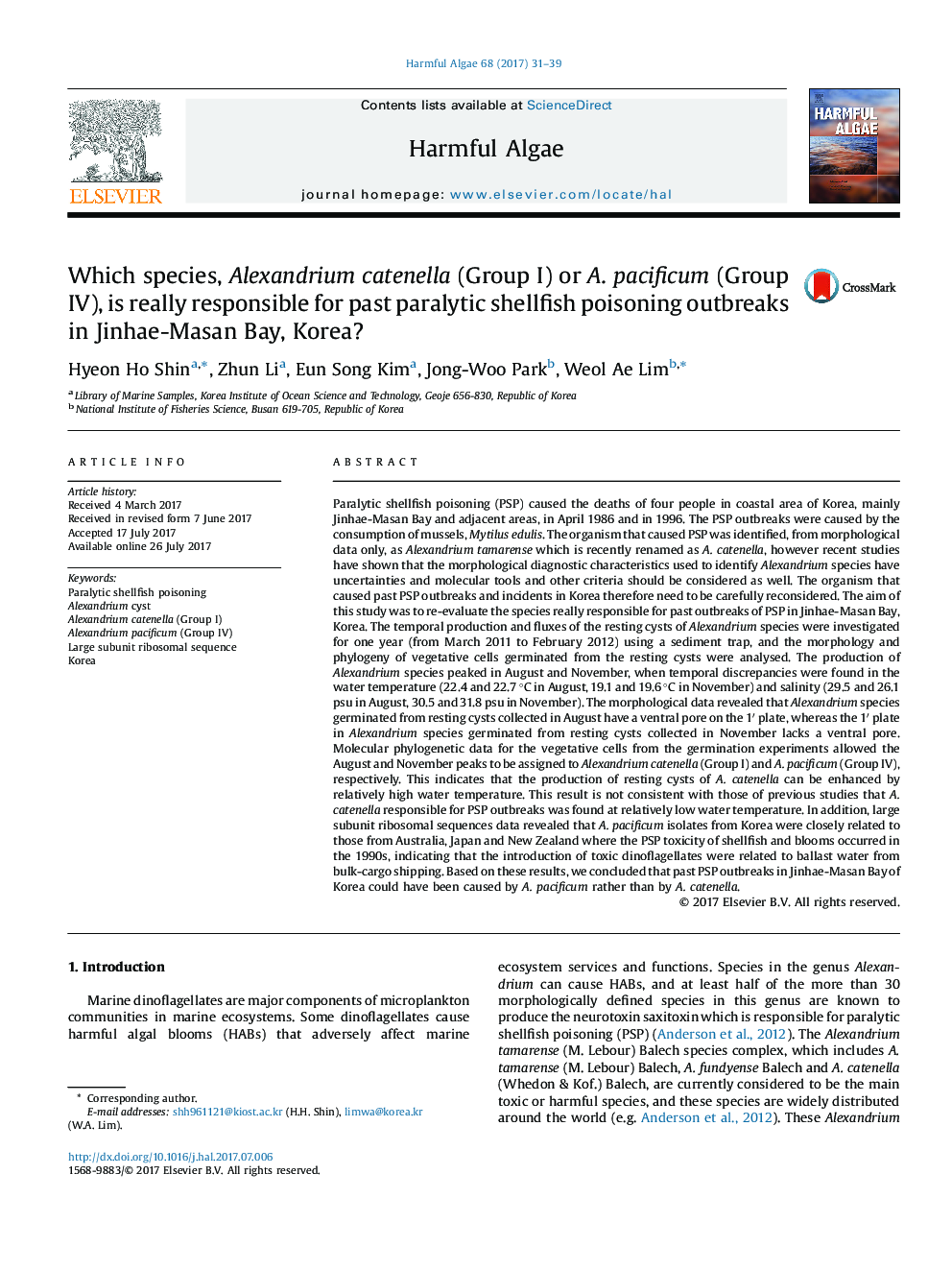 Which species, Alexandrium catenella (Group I) or A. pacificum (Group IV), is really responsible for past paralytic shellfish poisoning outbreaks in Jinhae-Masan Bay, Korea?