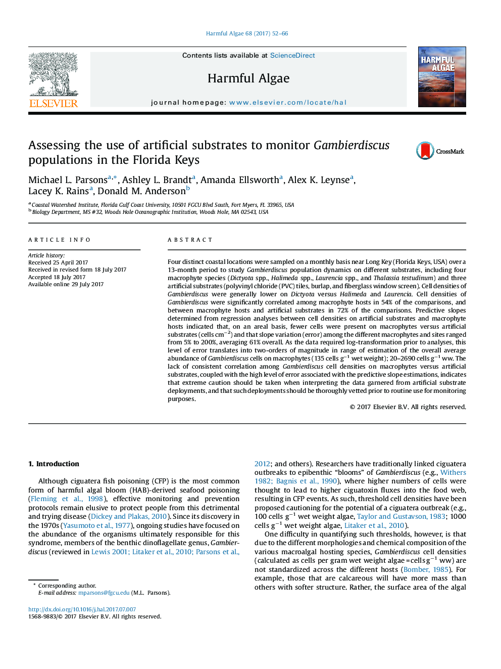 Assessing the use of artificial substrates to monitor Gambierdiscus populations in the Florida Keys