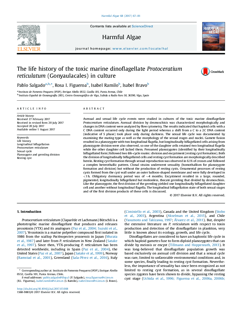 The life history of the toxic marine dinoflagellate Protoceratium reticulatum (Gonyaulacales) in culture