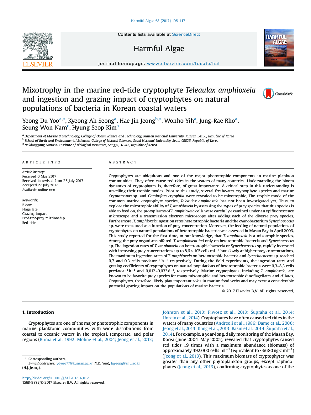 Mixotrophy in the marine red-tide cryptophyte Teleaulax amphioxeia and ingestion and grazing impact of cryptophytes on natural populations of bacteria in Korean coastal waters