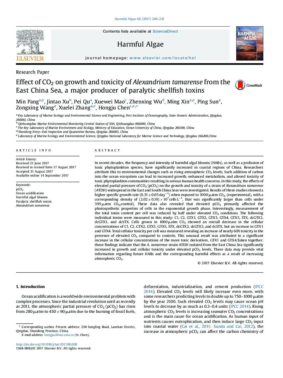 Research PaperEffect of CO2 on growth and toxicity of Alexandrium tamarense from the East China Sea, a major producer of paralytic shellfish toxins