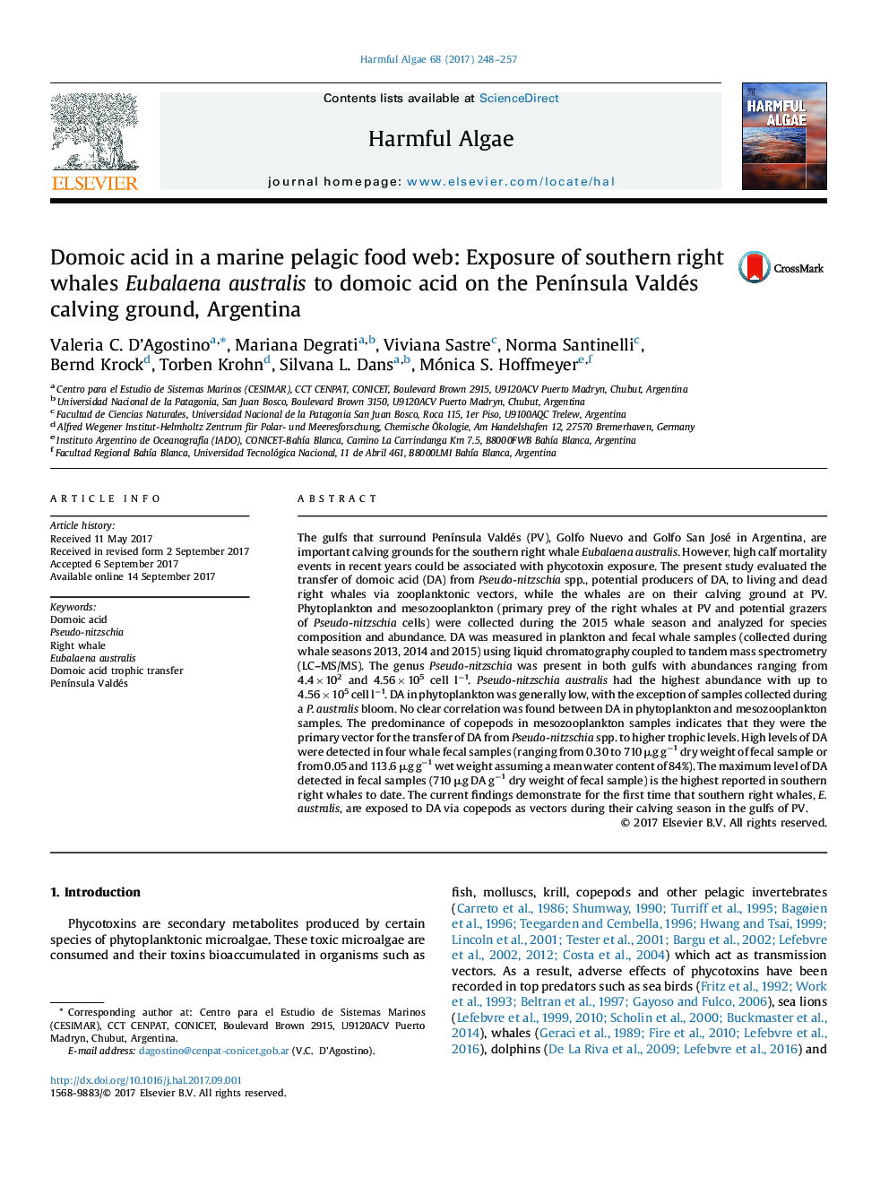 Domoic acid in a marine pelagic food web: Exposure of southern right whales Eubalaena australis to domoic acid on the PenÃ­nsula Valdés calving ground, Argentina