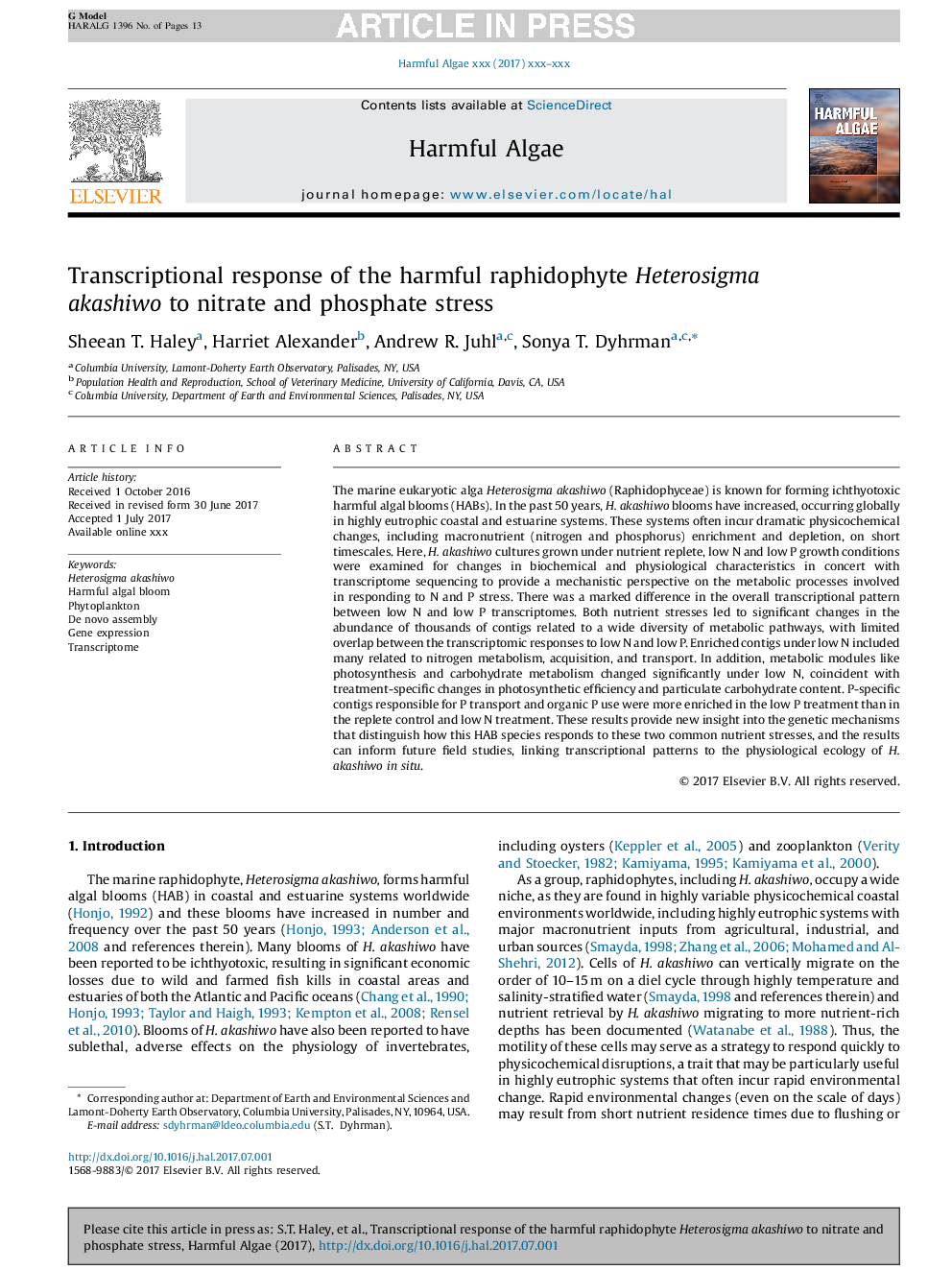 Transcriptional response of the harmful raphidophyte Heterosigma akashiwo to nitrate and phosphate stress