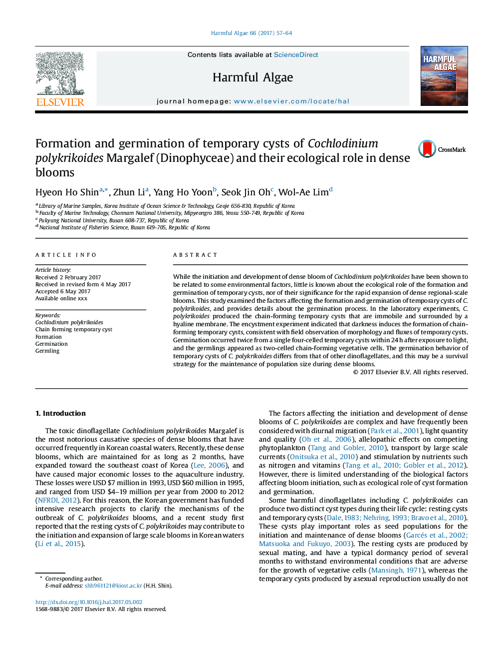 عکس صفحه اول مقاله: Formation and germination of temporary cysts of Cochlodinium polykrikoides Margalef (Dinophyceae) and their ecological role in dense blooms Formation and germination of temporary cysts of Cochlodinium polykrikoides Margalef (Dinophyceae) and their ecological role in dense blooms