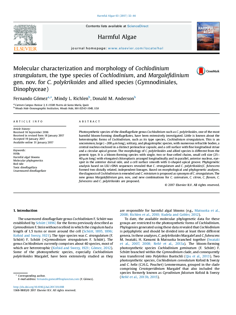 Molecular characterization and morphology of Cochlodinium strangulatum, the type species of Cochlodinium, and Margalefidinium gen. nov. for C. polykrikoides and allied species (Gymnodiniales, Dinophyceae)