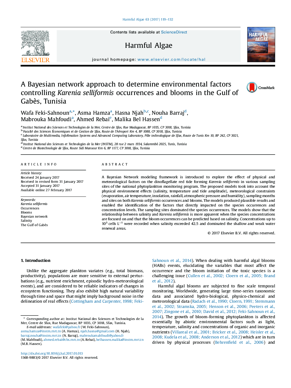 A Bayesian network approach to determine environmental factors controlling Karenia selliformis occurrences and blooms in the Gulf of GabÃ¨s, Tunisia