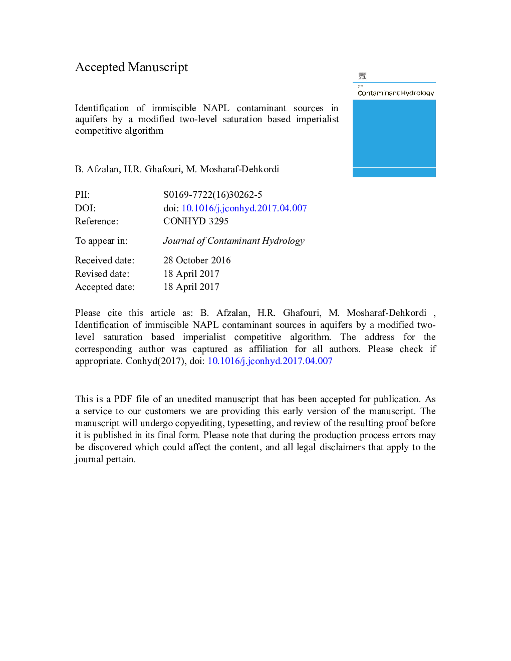 Identification of immiscible NAPL contaminant sources in aquifers by a modified two-level saturation based imperialist competitive algorithm