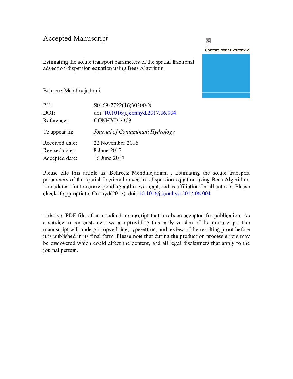 Estimating the solute transport parameters of the spatial fractional advection-dispersion equation using Bees Algorithm