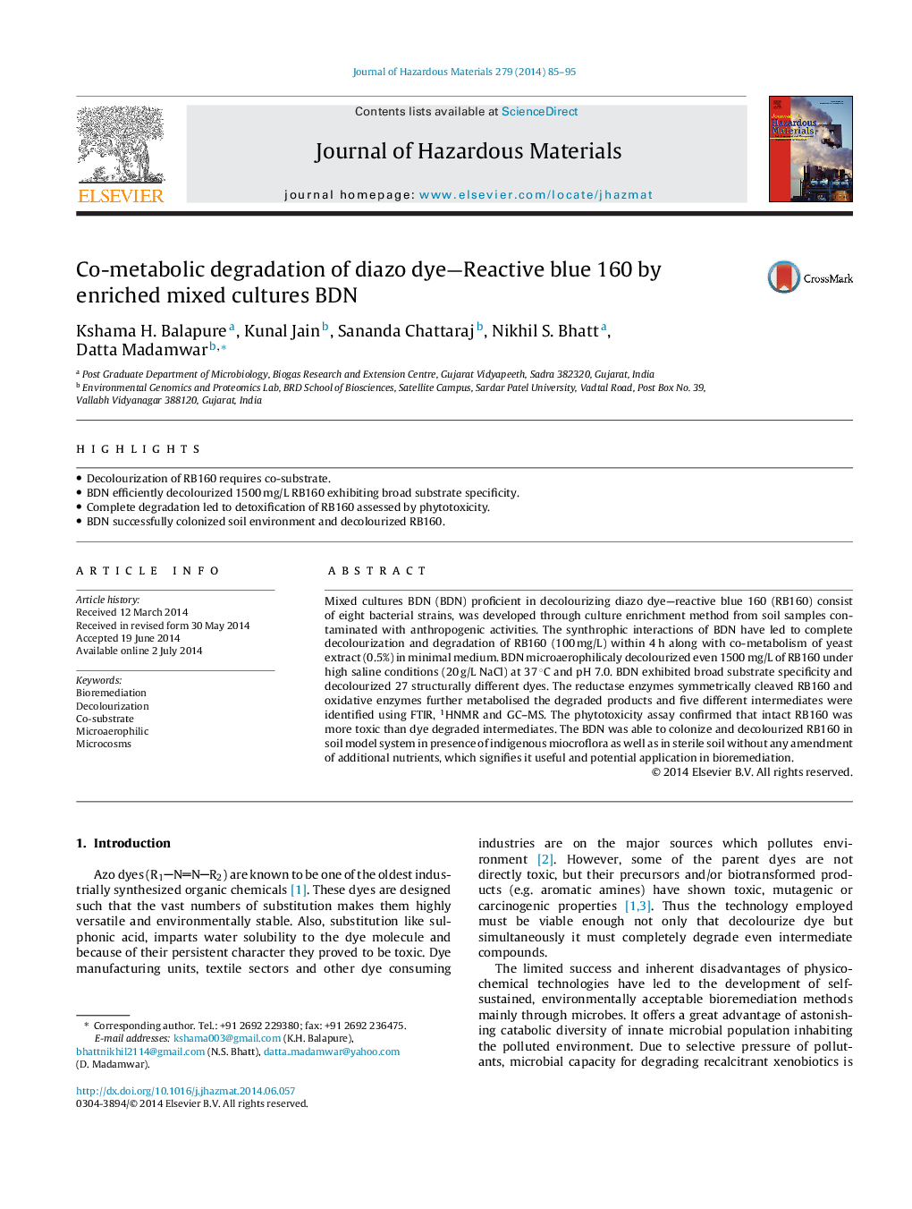 Co-metabolic degradation of diazo dye-Reactive blue 160 by enriched mixed cultures BDN