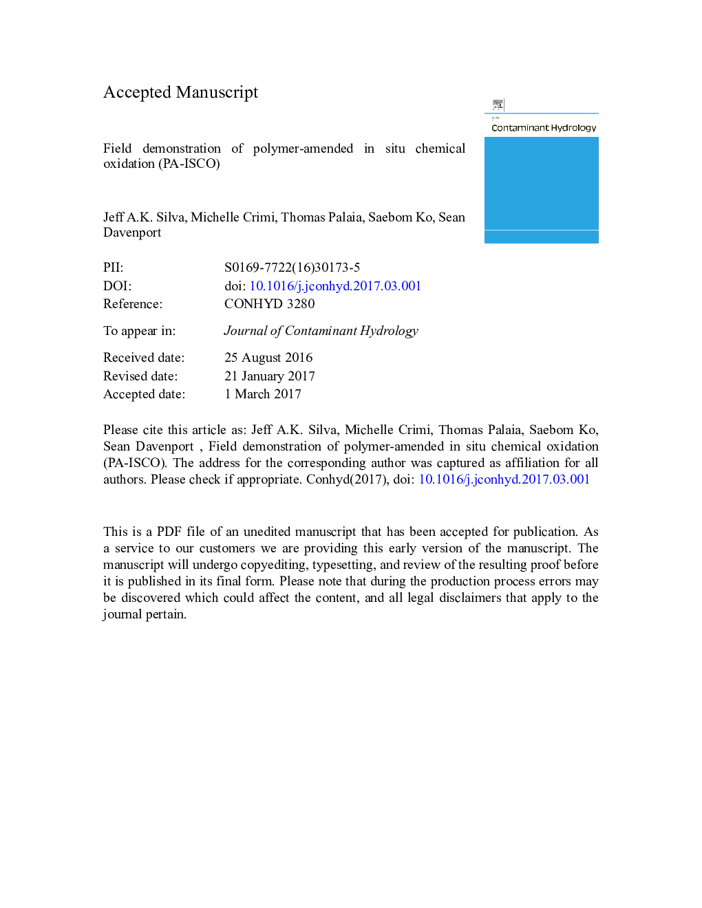 عکس صفحه اول مقاله: Field demonstration of polymer-amended in situ chemical oxidation (PA-ISCO) Field demonstration of polymer-amended in situ chemical oxidation (PA-ISCO)