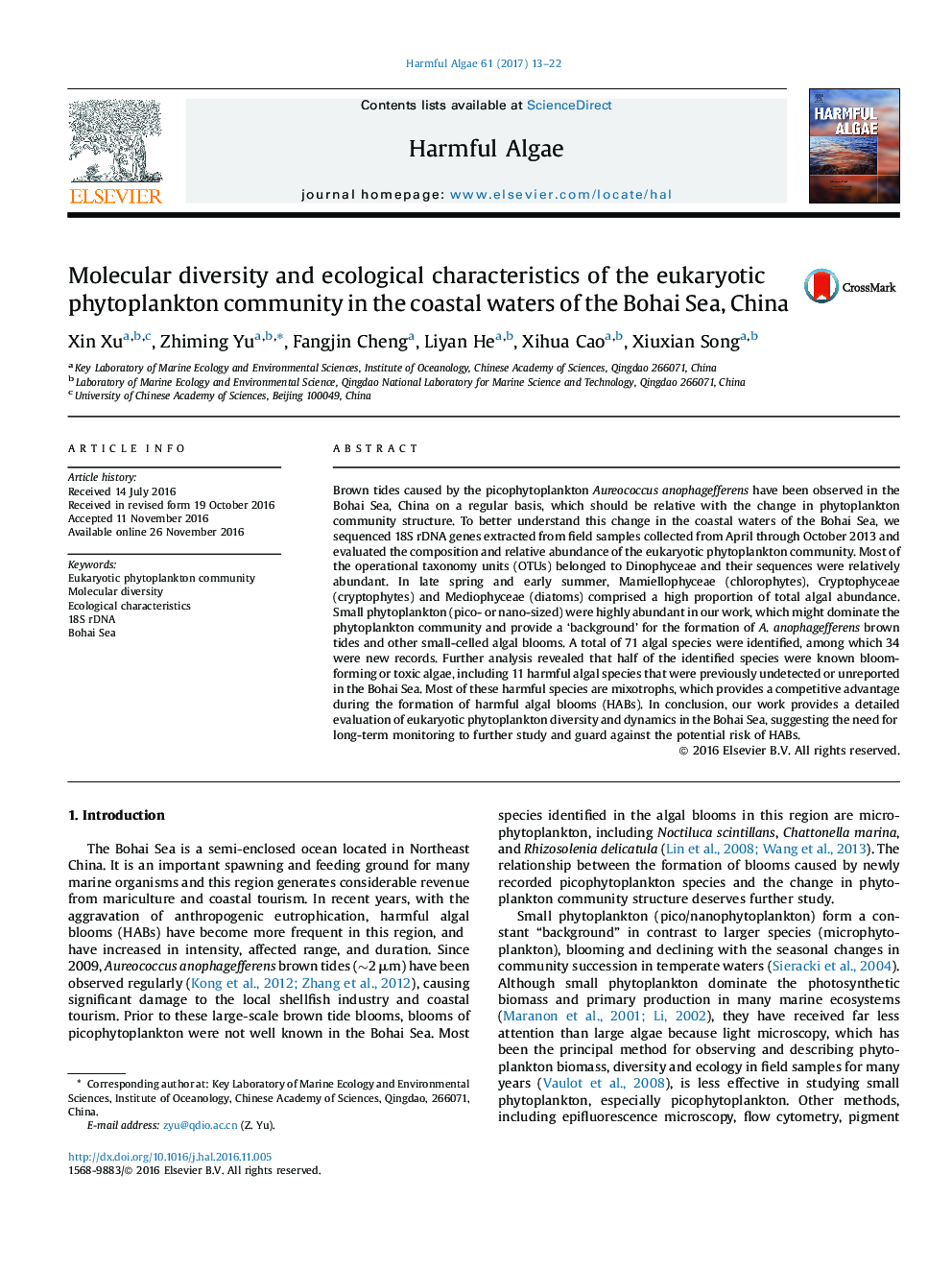 Molecular diversity and ecological characteristics of the eukaryotic phytoplankton community in the coastal waters of the Bohai Sea, China