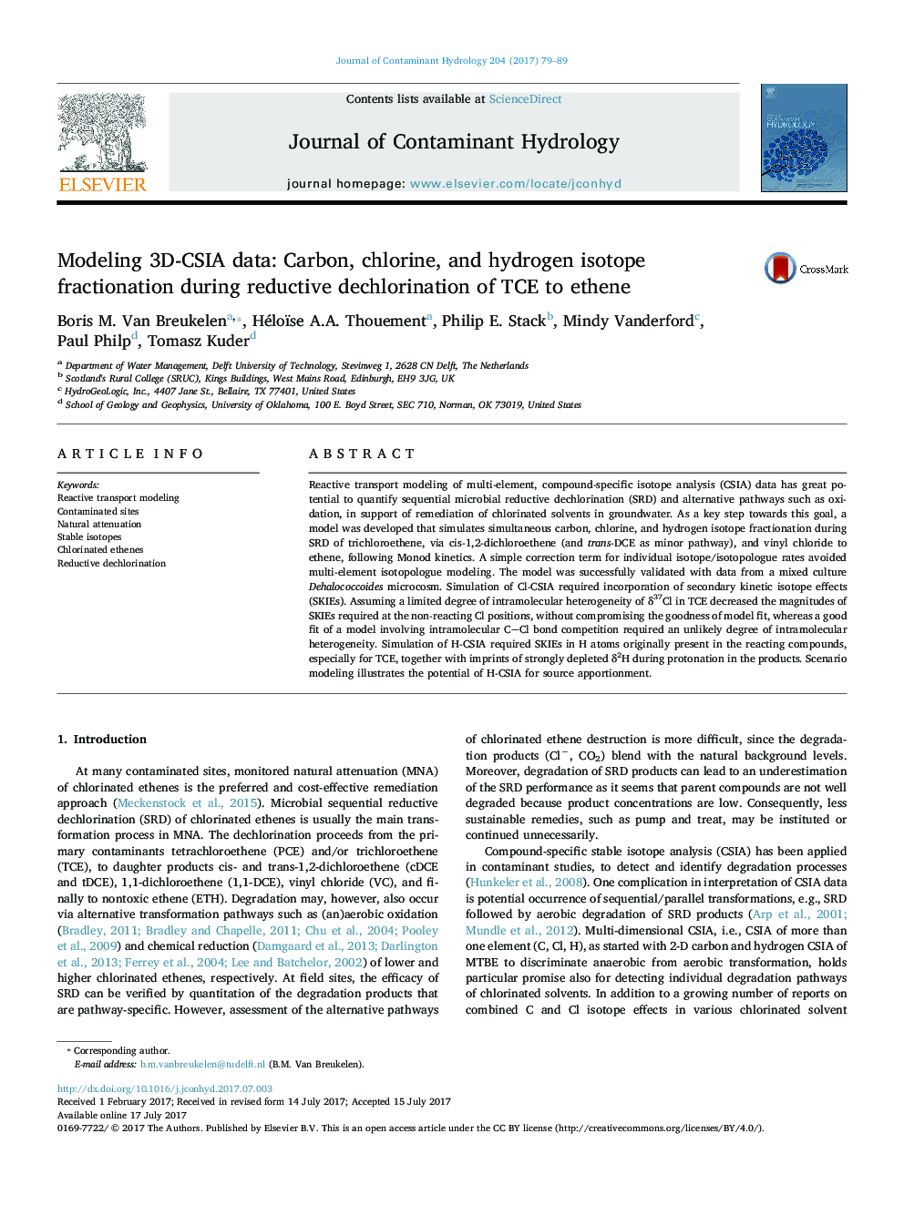 Modeling 3D-CSIA data: Carbon, chlorine, and hydrogen isotope fractionation during reductive dechlorination of TCE to ethene