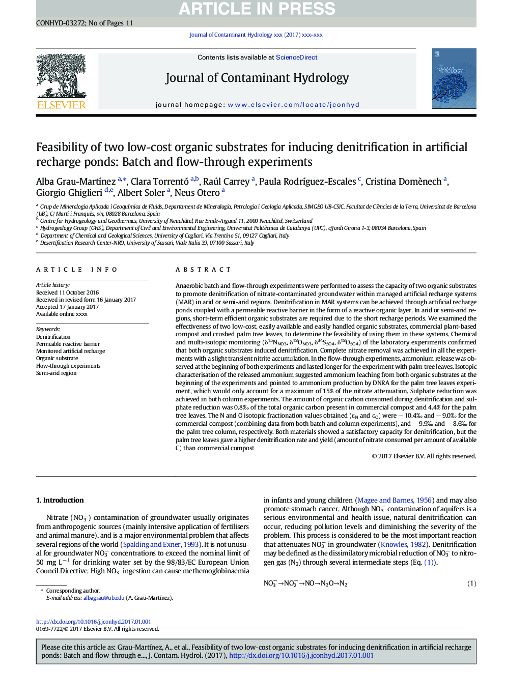 Feasibility of two low-cost organic substrates for inducing denitrification in artificial recharge ponds: Batch and flow-through experiments