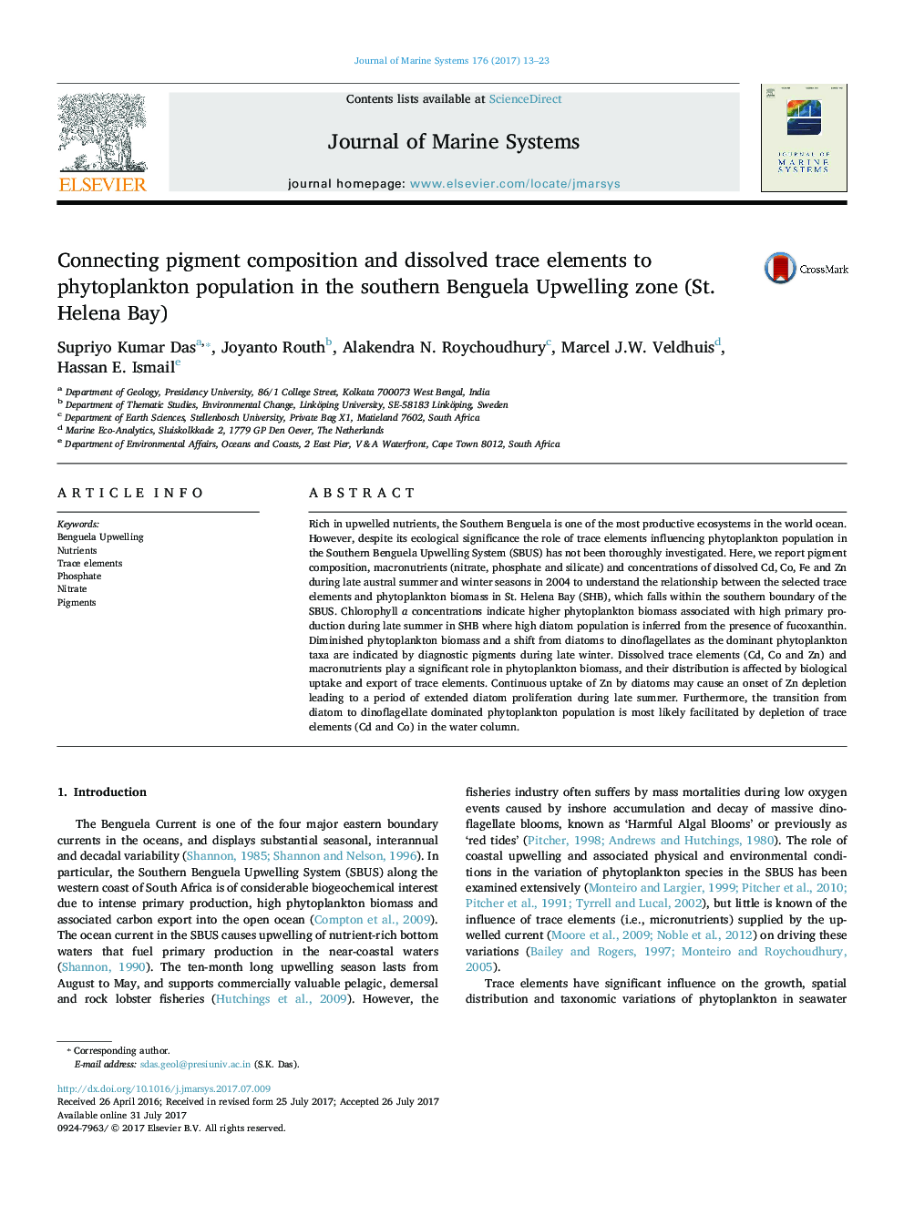 Connecting pigment composition and dissolved trace elements to phytoplankton population in the southern Benguela Upwelling zone (St. Helena Bay)