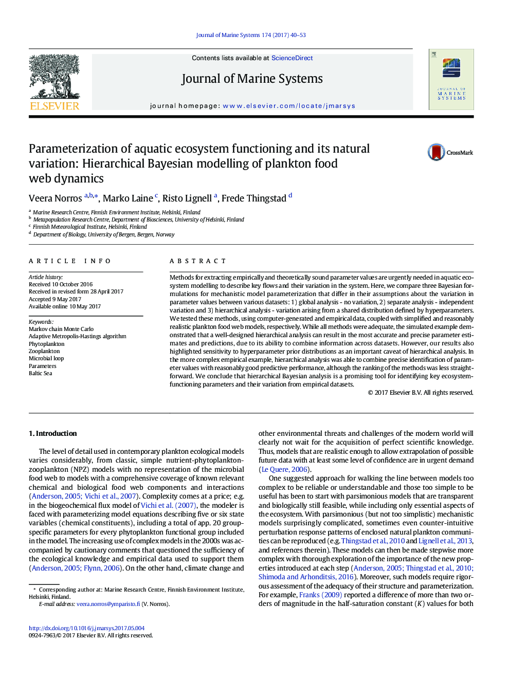 Parameterization of aquatic ecosystem functioning and its natural variation: Hierarchical Bayesian modelling of plankton food web dynamics