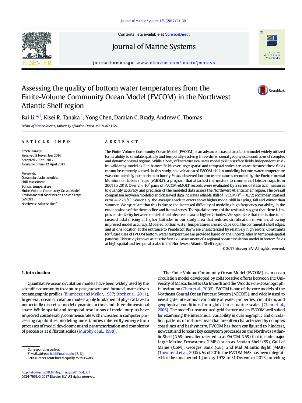 Assessing the quality of bottom water temperatures from the Finite-Volume Community Ocean Model (FVCOM) in the Northwest Atlantic Shelf region