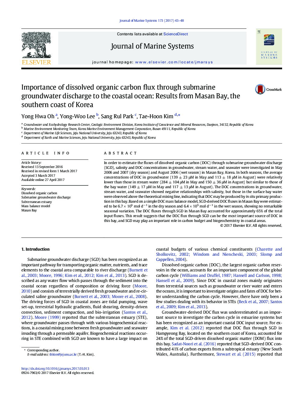 Importance of dissolved organic carbon flux through submarine groundwater discharge to the coastal ocean: Results from Masan Bay, the southern coast of Korea