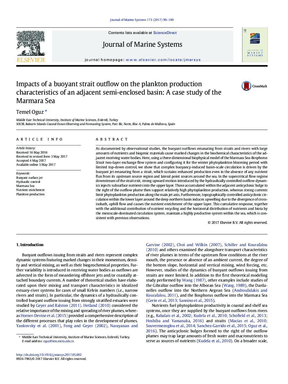 تأثیر یک جریان خروجی تردد شناور بر ویژگی های تولید پلانکتون حوضه نیمه محصور: مطالعه موردی دریای مرمره 