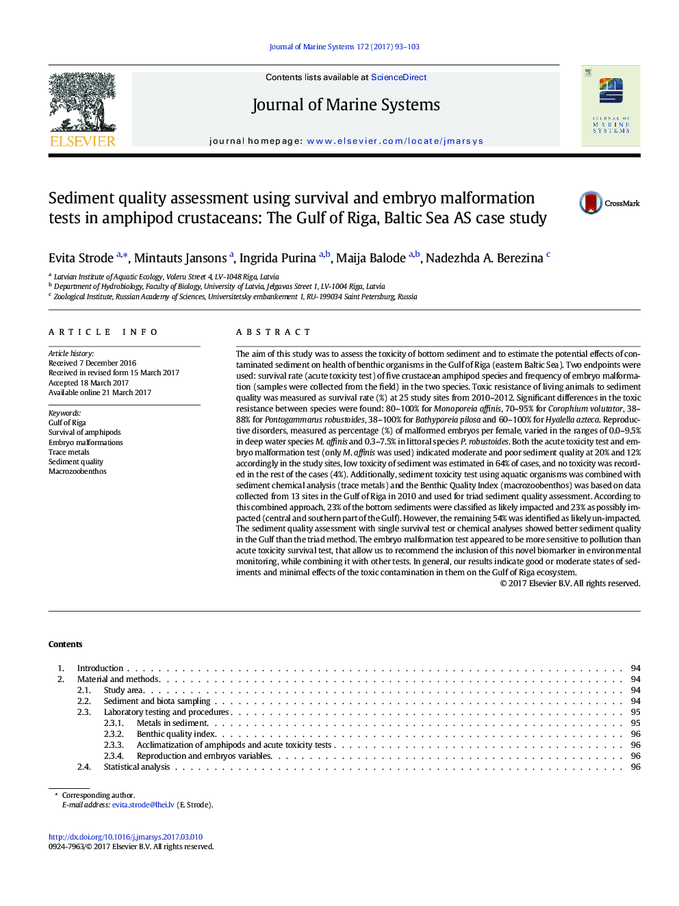 Sediment quality assessment using survival and embryo malformation tests in amphipod crustaceans: The Gulf of Riga, Baltic Sea AS case study