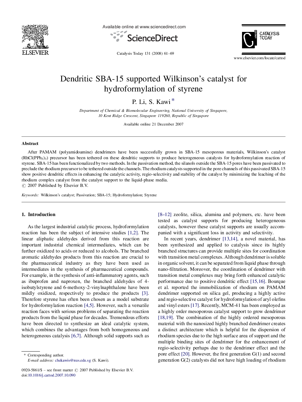 Dendritic SBA-15 supported Wilkinson's catalyst for hydroformylation of styrene