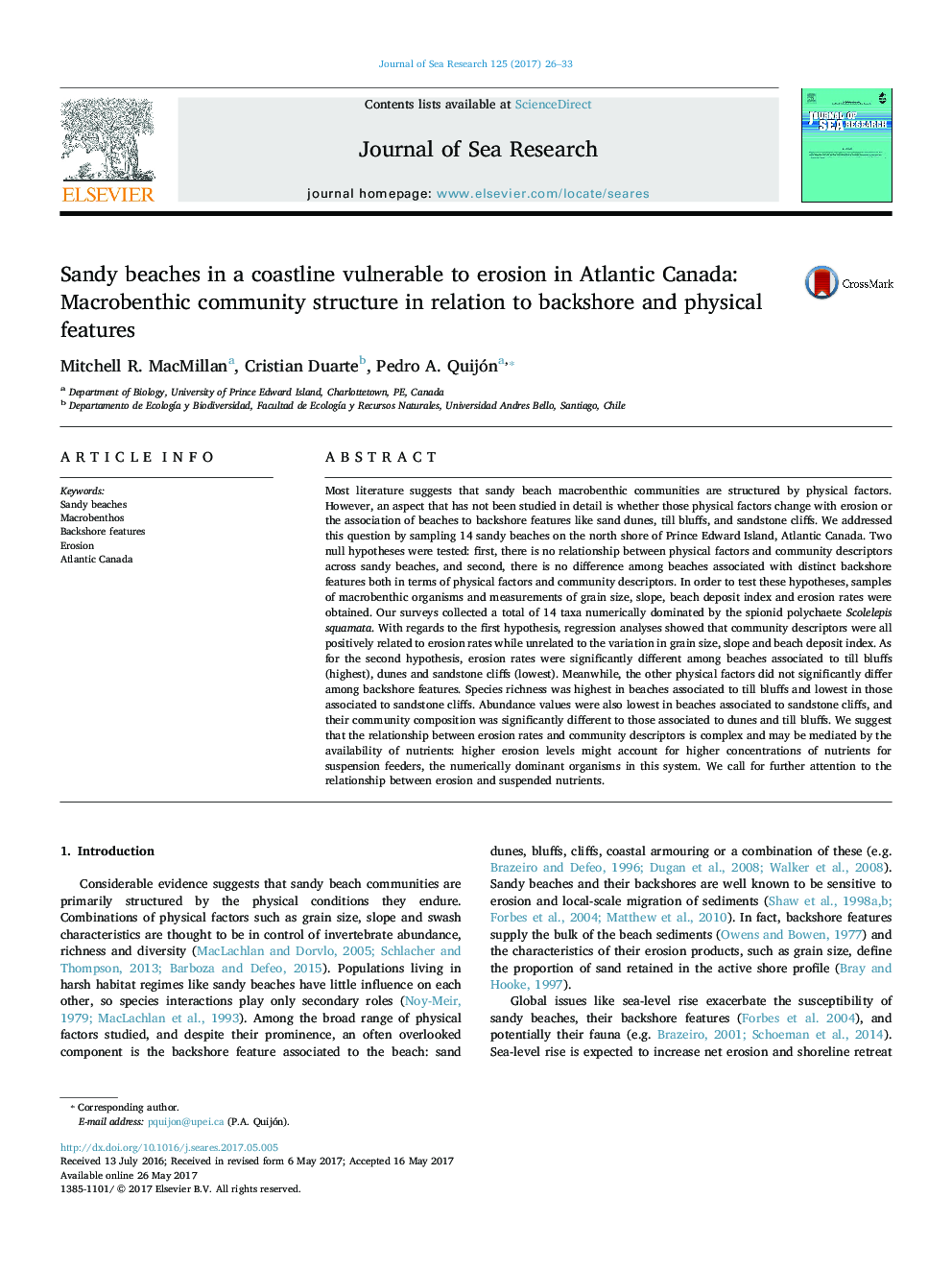 Sandy beaches in a coastline vulnerable to erosion in Atlantic Canada: Macrobenthic community structure in relation to backshore and physical features