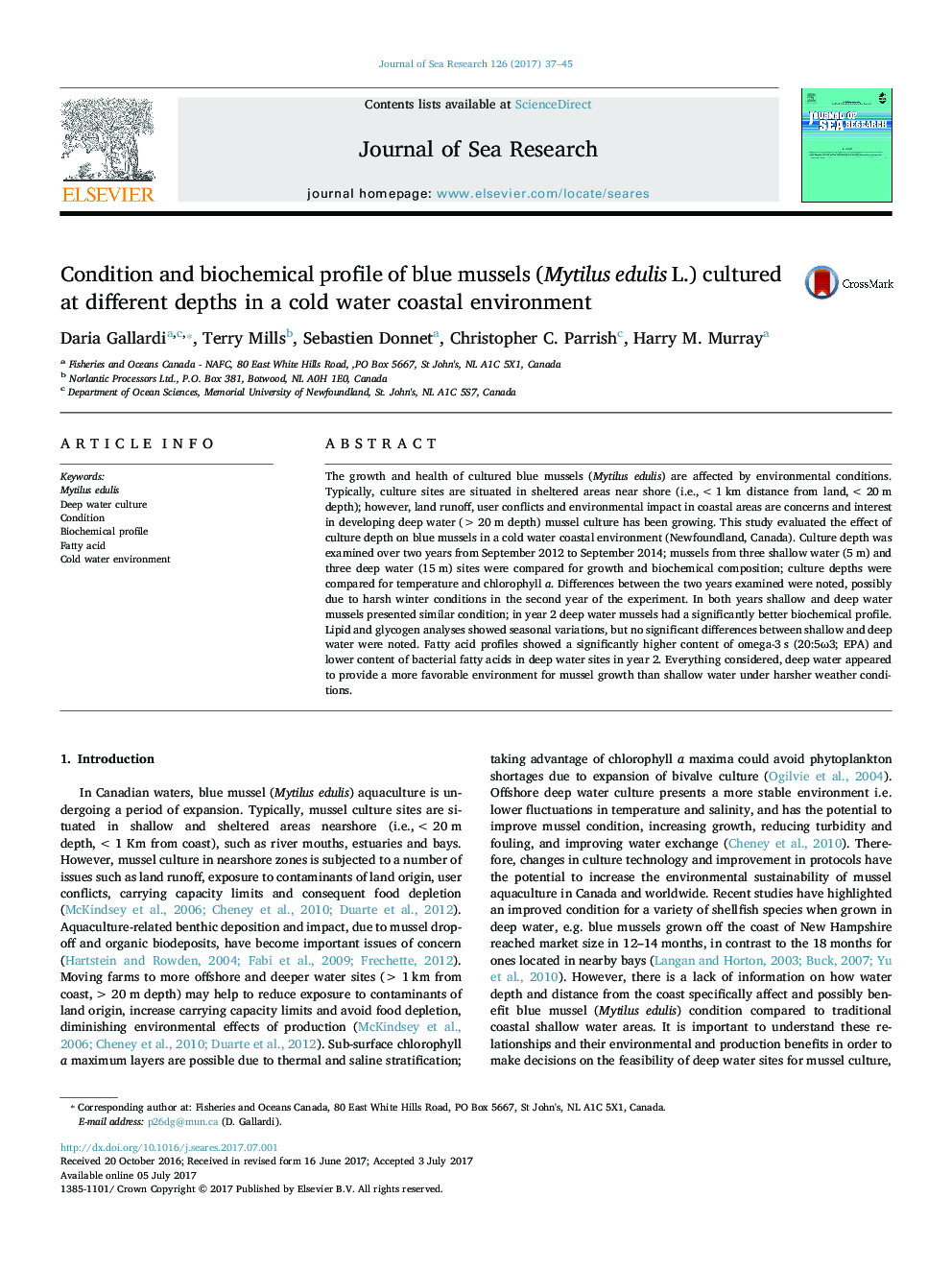 Condition and biochemical profile of blue mussels (Mytilus edulis L.) cultured at different depths in a cold water coastal environment